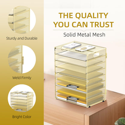 DALTACK 9-Tier Paper Organizer for Desk, Mesh Letter Tray Desk Organizer with Handles, Space-Saving File Organizer for Office Home School, Gold