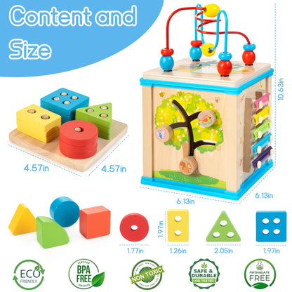 WOODMAM Wooden 7-in-1 Activity Cube, Montessori Toys for 1 Year Old Toddlers, Baby Educational Developmental Toys, One Year Old Boys Girls First Birthday Gifts with Bonus Sorting & Stacking Board