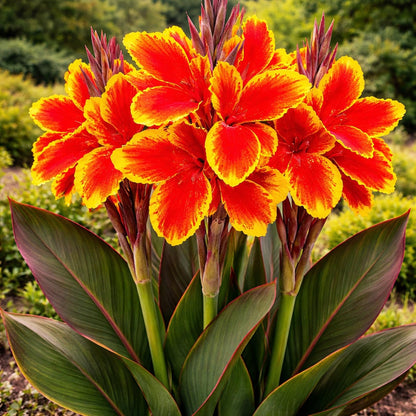 Lucifer Canna Lily Bulbs for Planting – Bright Red Flowers with Golden Yellow Edges – Tropical Summer Blooming Plants – Premium Canna Rhizomes (1 Bulb)