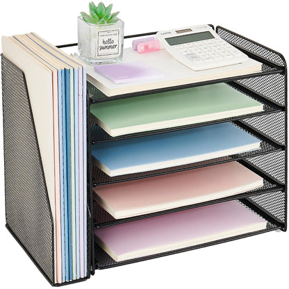 OPNICE Desk Organizer, 5-Tier Paper Organizer Letter Tray with Magazine Holder, Office Desk Accessories & Workspace Organizers, Desktop File Organizer for Office Supplies Storage, Black
