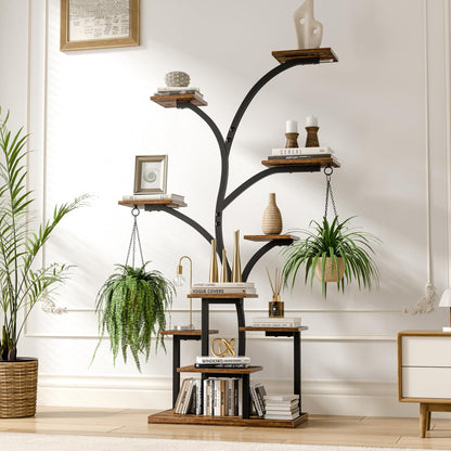 VECELO Plant Stand with LED Light, 10-Tier Indoor Plant Shelf with Supplemental Lighting, Metal Frame & Wood Shelves with Hanging Hooks, Space-Saving Plant Rack for Living Room or Corner Display