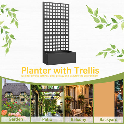 UPHYB Metal Planter Box with Trellis, 71"x 35"x 16" Raised Garden Bed with Trellis, Planter Box Trellis with Privacy Screen and Drainage Holes, Black