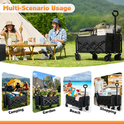 Collapsible Foldable Wagon Cart with Wheels - 360LBS Heavy Duty Folding Wagon Carts, Portable Lightweight Utility Wagon with All-Terrain Wheels & 2 Cup Holders, Grocery/Beach/Sports/Shopping/Black