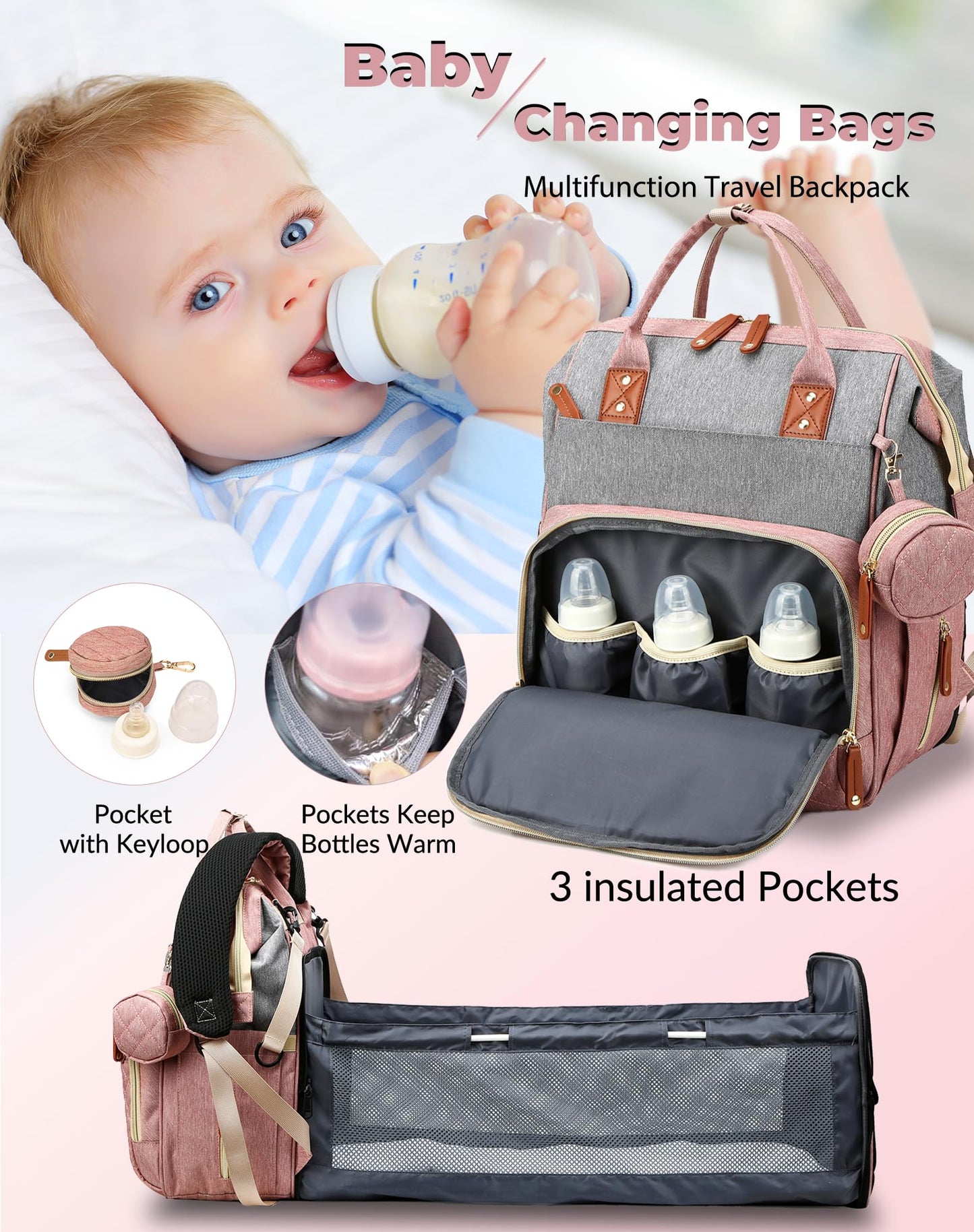 Lamroro Diaper Bag Backpack with Changing Station, Waterproof Large Capacity, Baby Bag for Mom & Dad, 18 Pockets+USB Port, Foldable Changing Pad, Travel Backpack for Newborn Essentials, Baby Gift