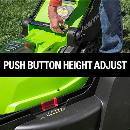 Greenworks 48V (2 x 24V) 17" Brushless Cordless Lawn Mower + 24V Drill / Driver, (2) 4.0Ah USB Batteries (USB Hub) and Dual Port Rapid Charger Included
