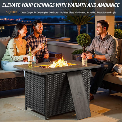Belord 50000 BTU Propane Fire Pit Table with Lid and Lava Rock, 41 inch Rectangular Outdoor Firepit Wicker Furniture, Fireplace Table Perfect for Relaxed Outside Patio Backyard Ambiance, Gray