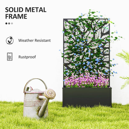 Outsunny Metal Raised Garden Bed with Trellis for Climbing Plants, Freestanding or Wall Mounted Flower Bed with Privacy Panel, Small Leaves Cut-Outs Outdoor Planter Box for Garden, Patio, Balcony