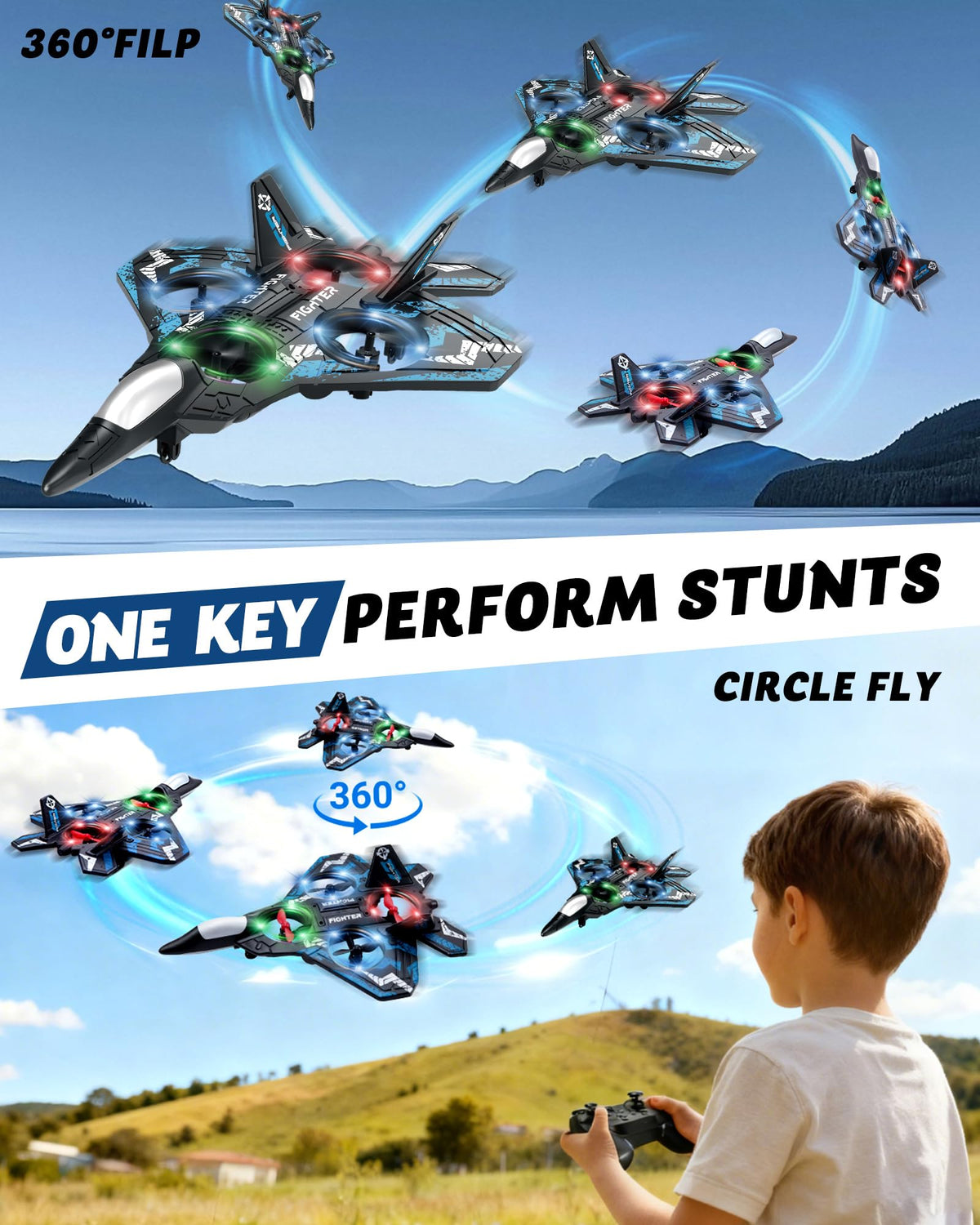 JoyRapt Drones for Kids Form RC Plane, Remote Control Airplane, Aircrafts Toys for Boys and Girls, Jet Helicopter Drones with LED Lights 360° Flip, Gifts for 6 8 10 Year Old Boys 2 Rechargeable Batteries