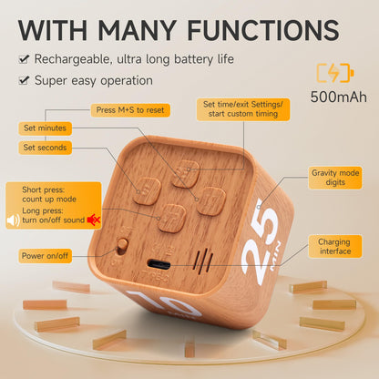 Exlliy Rotating Productivity Timer 5, 25, 10, 50 Minutes Preset, Desk Cube w/Gravity Sensor for ADHD, Mute Functions, Ideal for Work, Study, Kitchen, Back to School (1, Wood Grain Finish)