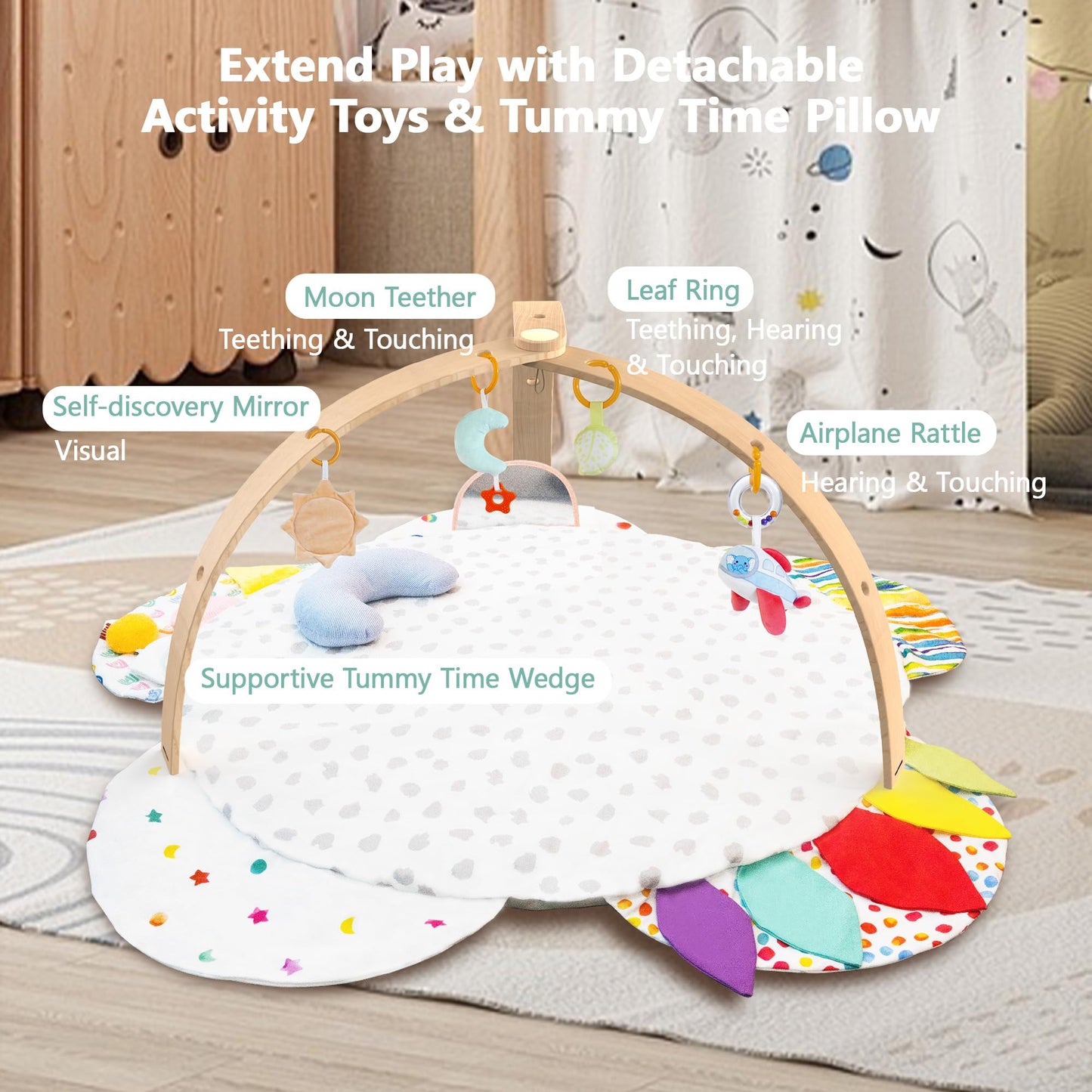 Wooden Baby Activity Gym with Detachable Sensory Toys | Montessori Developmental Play Gym for Infants | Wooden Frame Baby Toy | Foldable Baby Gym