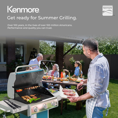 Kenmore 3-Burner Propane BBQ Grill, 30,000 BTUs Gas Grill with Cast Iron Cooking Grates, Folding Side Tables & Wheels, Outdoor Grill with Tool Hooks, Teal