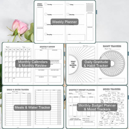 Premade Bullet Style Notebook with Undated Weekly & Monthly Planner, Dotted Journal with Pre-made Bullet Planner Stencils, Dot Grid Journaling with Habits & Mood Tracker, 12 Month Organization, A5