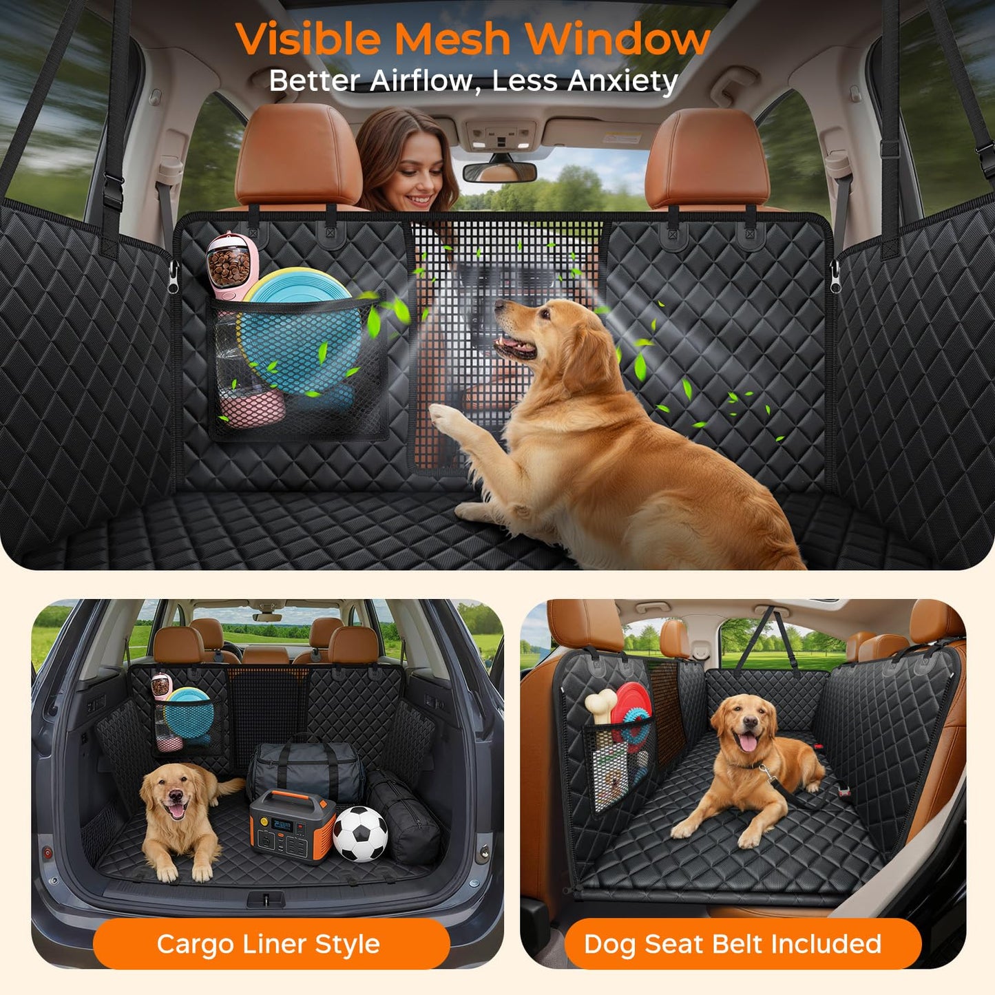 URPOWER Backseat Extender for Dogs - Hard Bottom Dog Car Seat Cover for Back Seat, Dog Hammock for Car and SUV, Pet Rear Seat Protector Dogs Travel Bed with Mesh Window