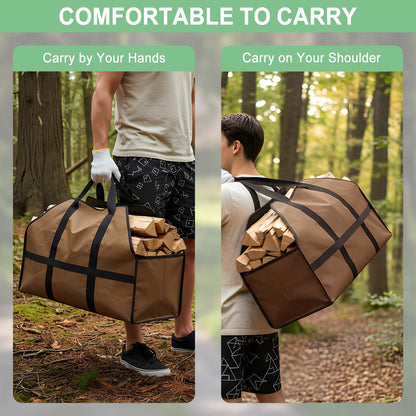 LBTING Firewood Log Carrier, Heavy Duty Oxford Log Tote Wood Carrying Bag with Handle Strap, Suitable for Indoor Fireplace and Outdoor Camping - Brown
