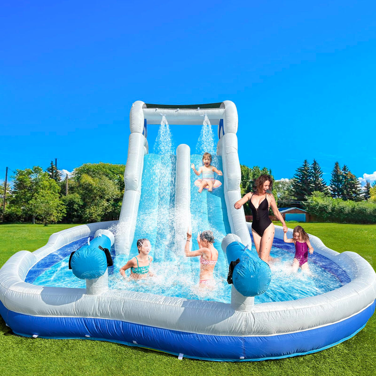 Inflatable Double Water Slide-17.7FT Large Climber Inflatable Water Park for Big Kids 5-10-Huge Splash Pool-Easy to Set Up & Inflate with Air Blower,Carrying Case,Water Pipe,Storage Bag-Bule