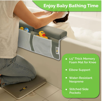 Wobbi Baby Bath Kneeler and Elbow Rest Pad Set - 1.5" Thick Memory Foam Knee Pad for Bathing Babies - 6 Suction Cups Non Slip Bath Kneeling pad with Toy Storage - Foldable & Quick Drying-Grey