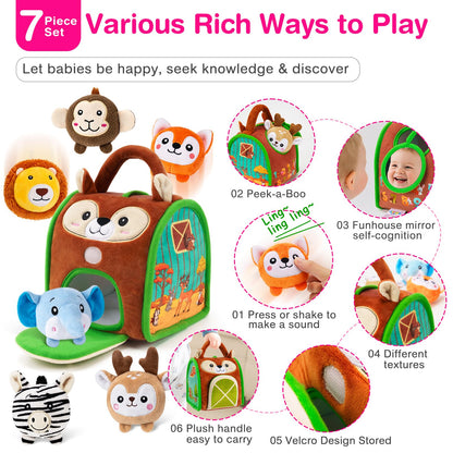NECTAR BABY Soft Baby Sensory Toys - Squirrel Barn with 6 Stuffed Zoo Animals - Rattles, Crinkles, Squeak, Mirror - Montessori Toys for 6-12 Months Infant & 1-3 Years Toddlers Gifts & Travel Toy