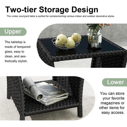 kinbor Small Outdoor Table - Tempered Glass Top Small Outdoor Wicker Side Table with Storage Shelf for Patio, Balcony & Porch, Durable PE Rattan & Iron Frame