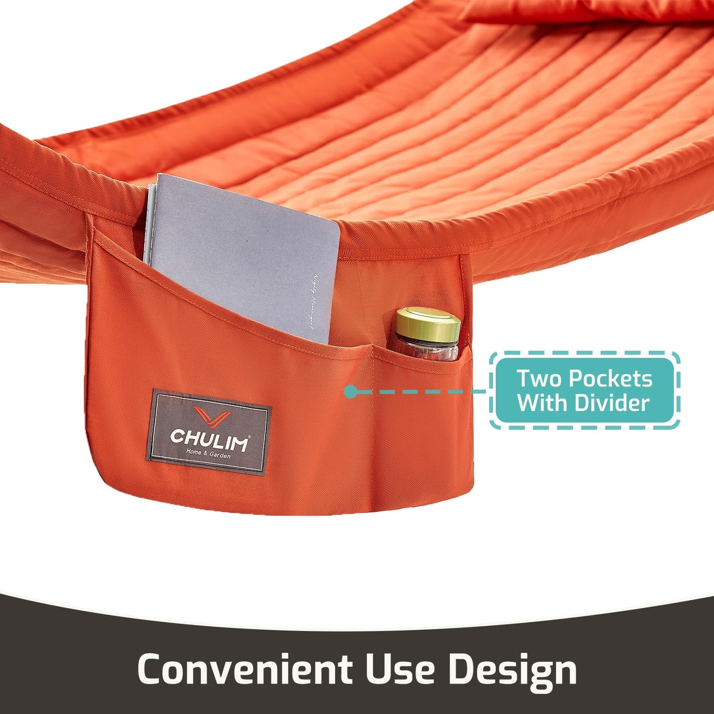 CHULIM Double Quilted Fabric Hammock with Hardwood Spreader Bars and Pillow 450 LBS Capacity 2 Person Large Hammock for Outdoor Patio Backyard Poolside - Terracotta
