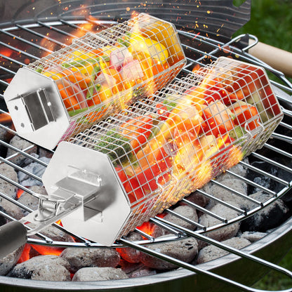 Grill Baskets 2PCS 304 Stainless Steel with Removable Wooden Handle Hexagon Design for BBQ Camping & Outdoor Cooking Accessories, Great Gift for Grill Lovers