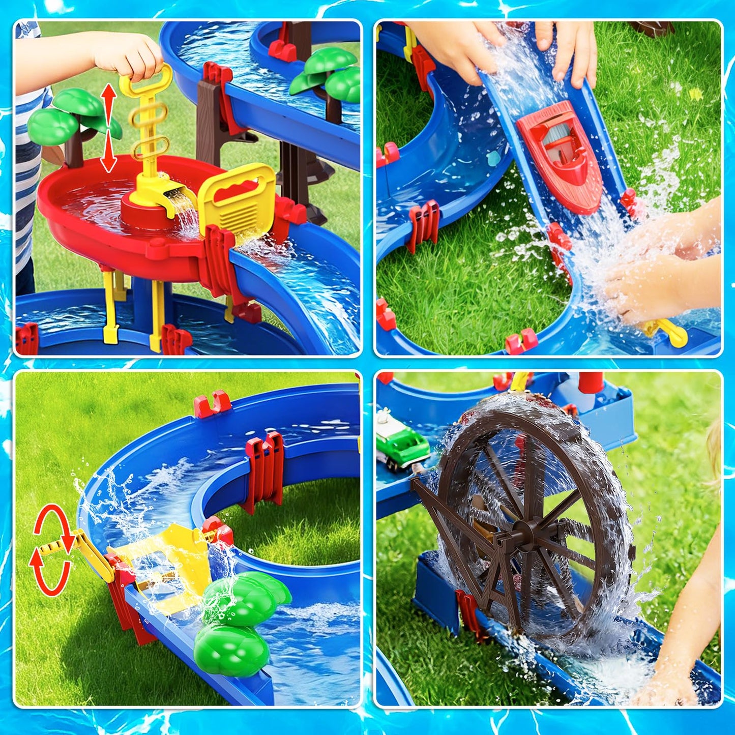 TERRAMUS 2-Tier Kids Watermill Water Table Toys, 124PCS Water Park Playset with Pump, Waterwheel, Summer Outdoor Water Toys Waterways for Backyard,Lawn,Beach,Pool,Gifts for Boys Girls Toddlers 3-5 4-8