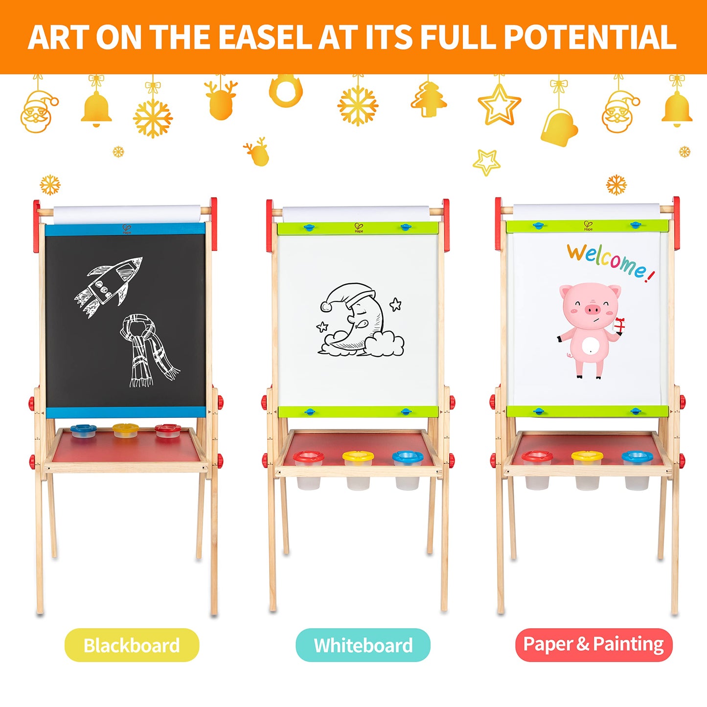 Hape E1010 Magnetic All in 1 Kids Height Adjustable Drawing Dry-Erase Chalkboard Wooden Artist Easel with 3 Paint Pots and Refillable Paper Roll