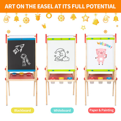 Hape E1010 Magnetic All in 1 Kids Height Adjustable Drawing Dry-Erase Chalkboard Wooden Artist Easel with 3 Paint Pots and Refillable Paper Roll
