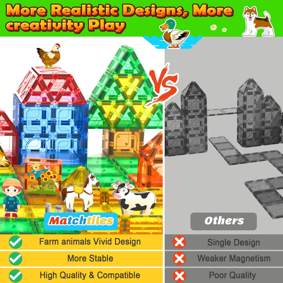 Magnetic Tiles Toys with Farm Animals for 3+ Year Old Toddler, Magnetic Blocks Building Toys for Kids Ages 3-5 5-7 Girls Boys, Classroom Must Haves