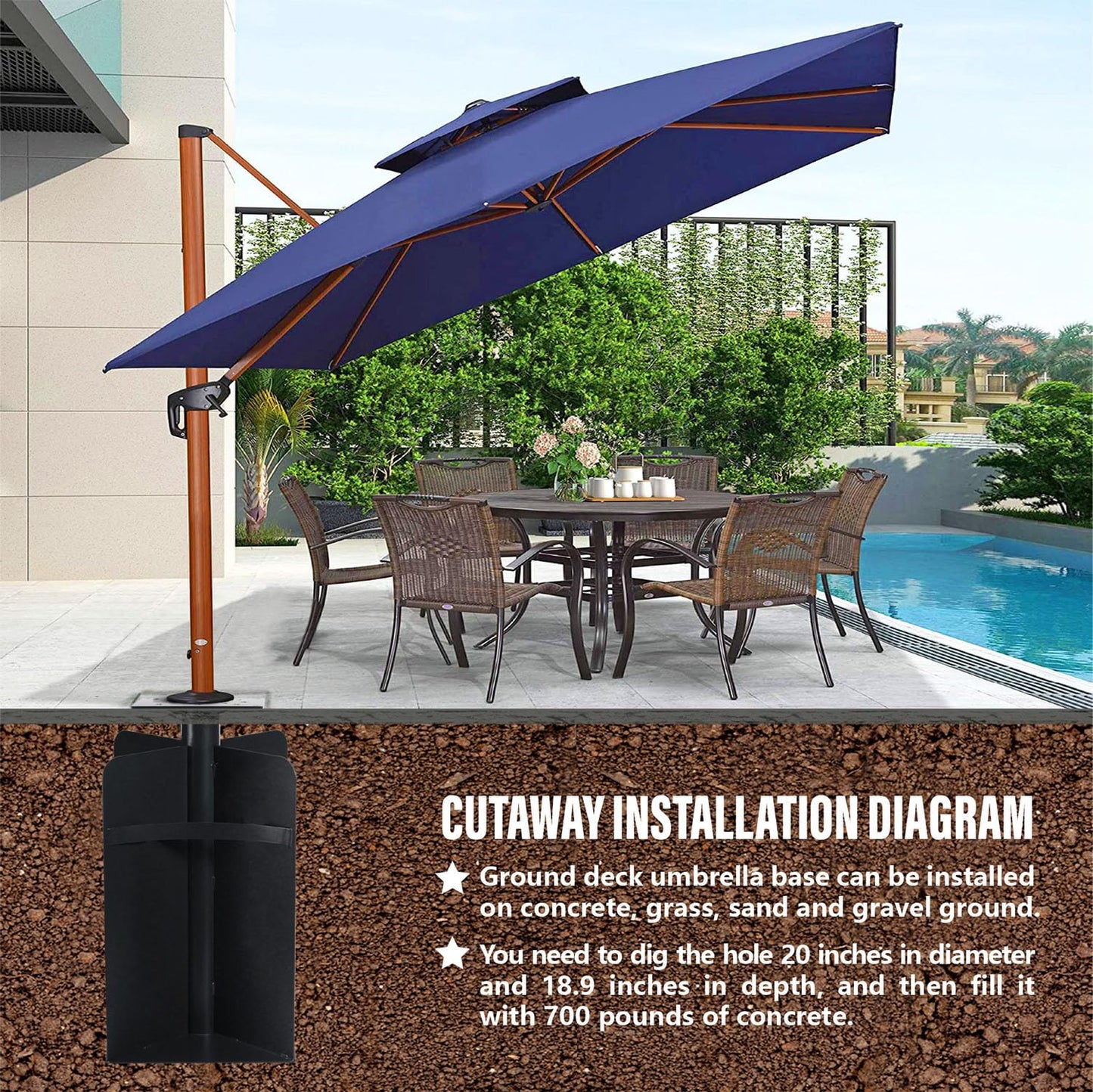 Wanhork In-ground Umbrella Base for Offset Cantilever Umbrellas, Stainless Steels Outdoor Umbrella Base, Upright Outdoor Umbrella Holder