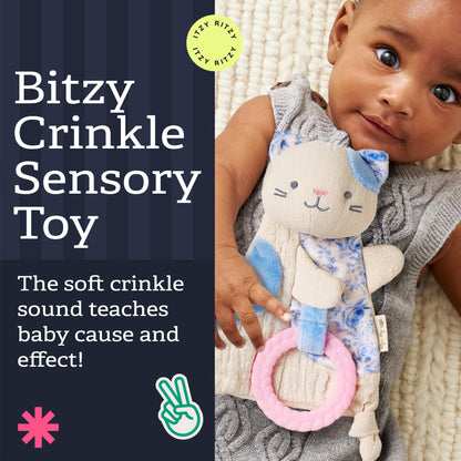 Itzy Ritzy - Bitzy Crinkle Sensory Toy for Babies & Toddlers — Features Crinkle Sound, Soft Braided Teething Toy Ring & Textured Ribbons — Gender Neutral Baby Item for Ages 0 Months & Up, Kitty