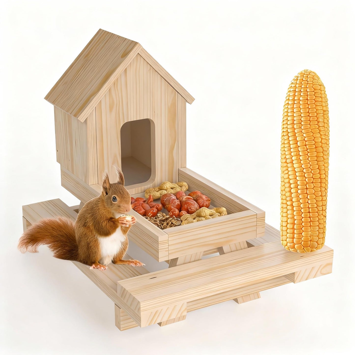 Wooden Squirrel Feeder, Squirrel Picnic Table Feeder with Corn Cob Holder, Squirrel Feeders for Outside Backyard