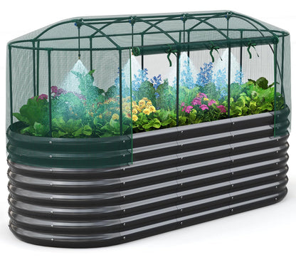Quictent Galvanized Raised Garden Bed Kit with Self Watering System and Mesh Cover, Large Oval Metal Outdoor Planter Garden Boxes for Vegetables Herbs Flowers, 8x3x2Ft