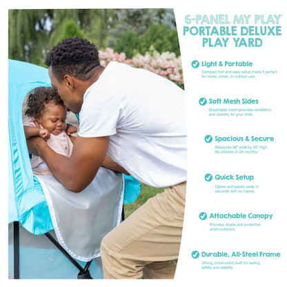 Regalo Safety My Play Deluxe Baby Playpen & Portable Play Yard with Canopy, Foldable 6-Panel Indoor Outdoor Playpen for Babies & Toddlers, Mesh Sides, Washable Nylon Bottom, 48", Aqua/Black
