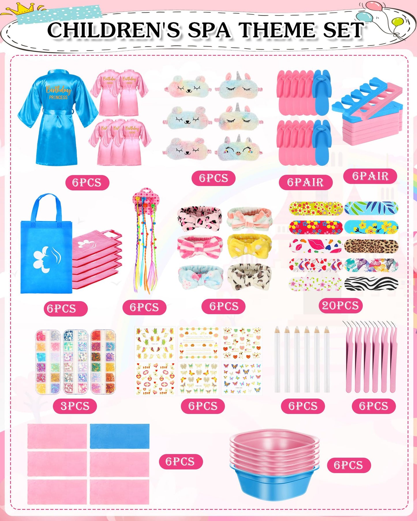 Suhine 6 Set Spa Party Supplies for Girls Kids 6 Satin Robes Spa Kit Sleepover Birthday Slumber Party Favors Nail Salon Pack(Peacock Blue, Pink)