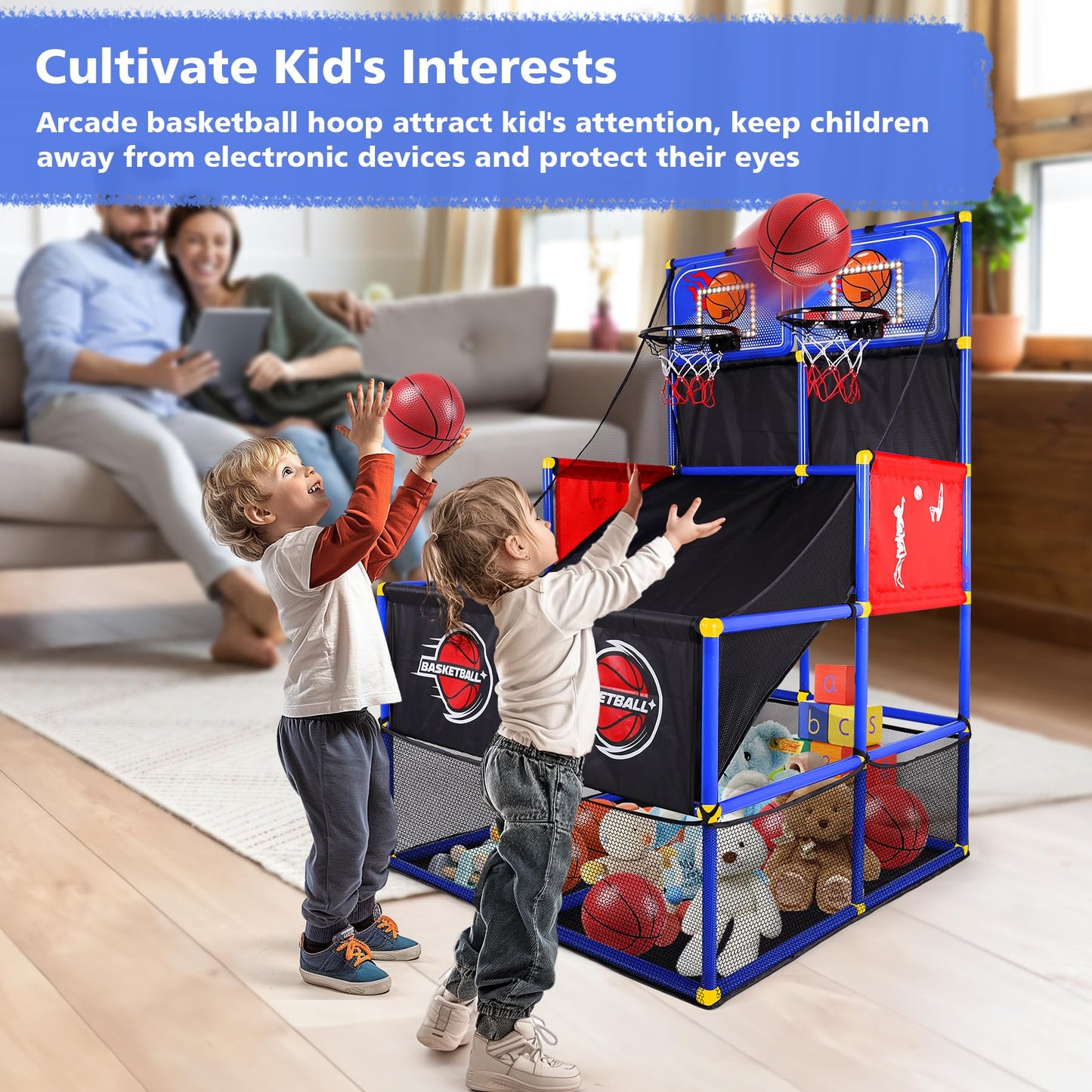 M SANMERSEN Kids Double Basketball Hoop Arcade Game Set with 6 Balls Electronic Scoreboard LED Light, Indoor & Outdoor Play, Birthday/Halloween for 3-8 Year Old Boy and Girl