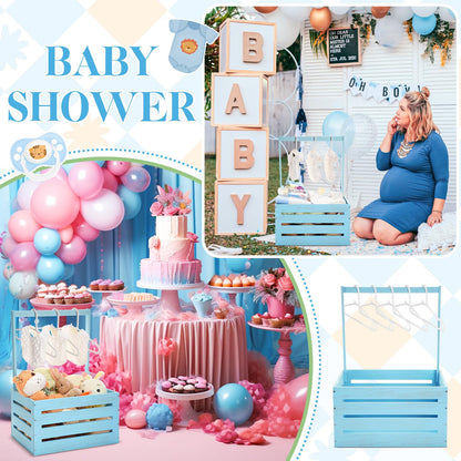 Suzile Wooden Baby Shower Crate Closet Wood Basket for Gifts with Handle Boy Girl Clothes Gender Reveal Storage Box for Newborn New Parent(Blue)