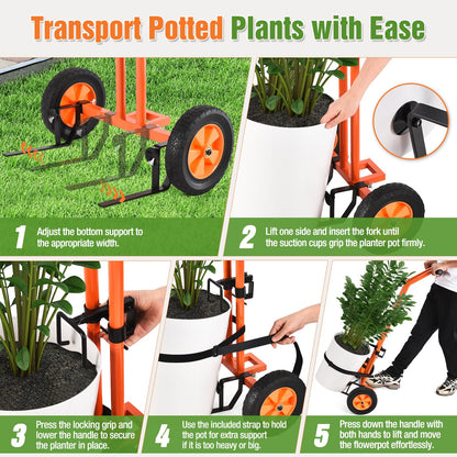 Plant Caddy with Wheels, Heavy Duty Plant Mover Cart with Adjustable Grabbing Arm and Strap, 175 LBS T-Handle Plant Dolly with Suction Cups for Plant Pots Garden Pot Trolley Indoor Outdoor Use, Orange