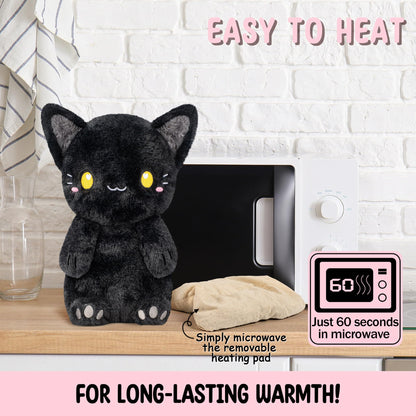 Black Cat Microwavable 1.5 lbs Unscented Heating Pad for Women and Kids- Cute Soft Cozy Pillow Plush Heatable Warm Stuffed Animals - Kawaii Hot and Cold Plushie - Black Cat Gifts for Girls and Women
