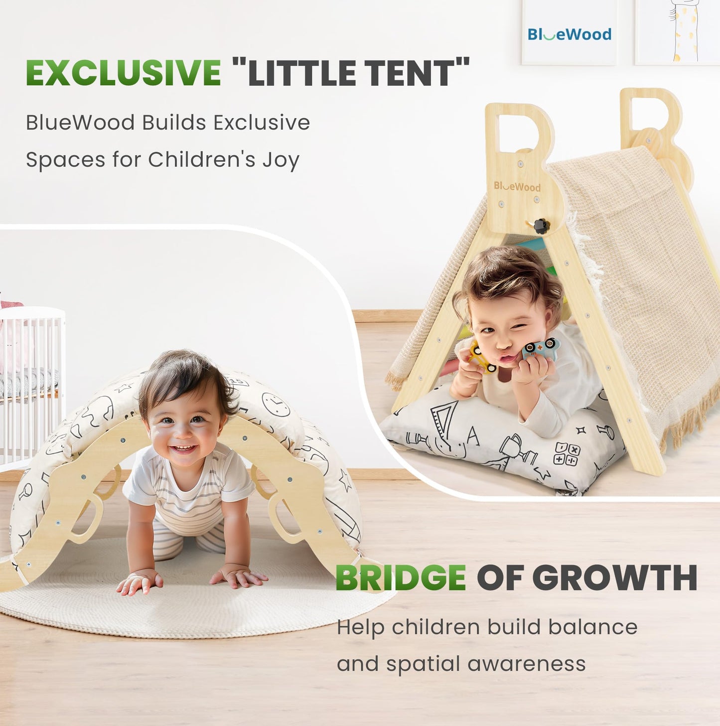 BlueWood Pikler Triangle Set with Cushion, 8-in-1 Climbing Toys for Toddlers, Montessori Philosophy Play Jungle Gym with Arch, Ramp, Ladder(Sunshine Rainbow)