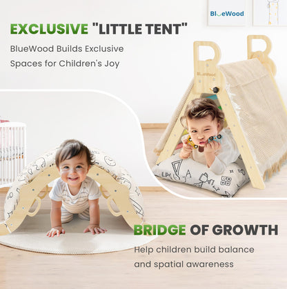 BlueWood Pikler Triangle Set with Cushion, 8-in-1 Climbing Toys for Toddlers, Montessori Philosophy Play Jungle Gym with Arch, Ramp, Ladder(Sunshine Rainbow)