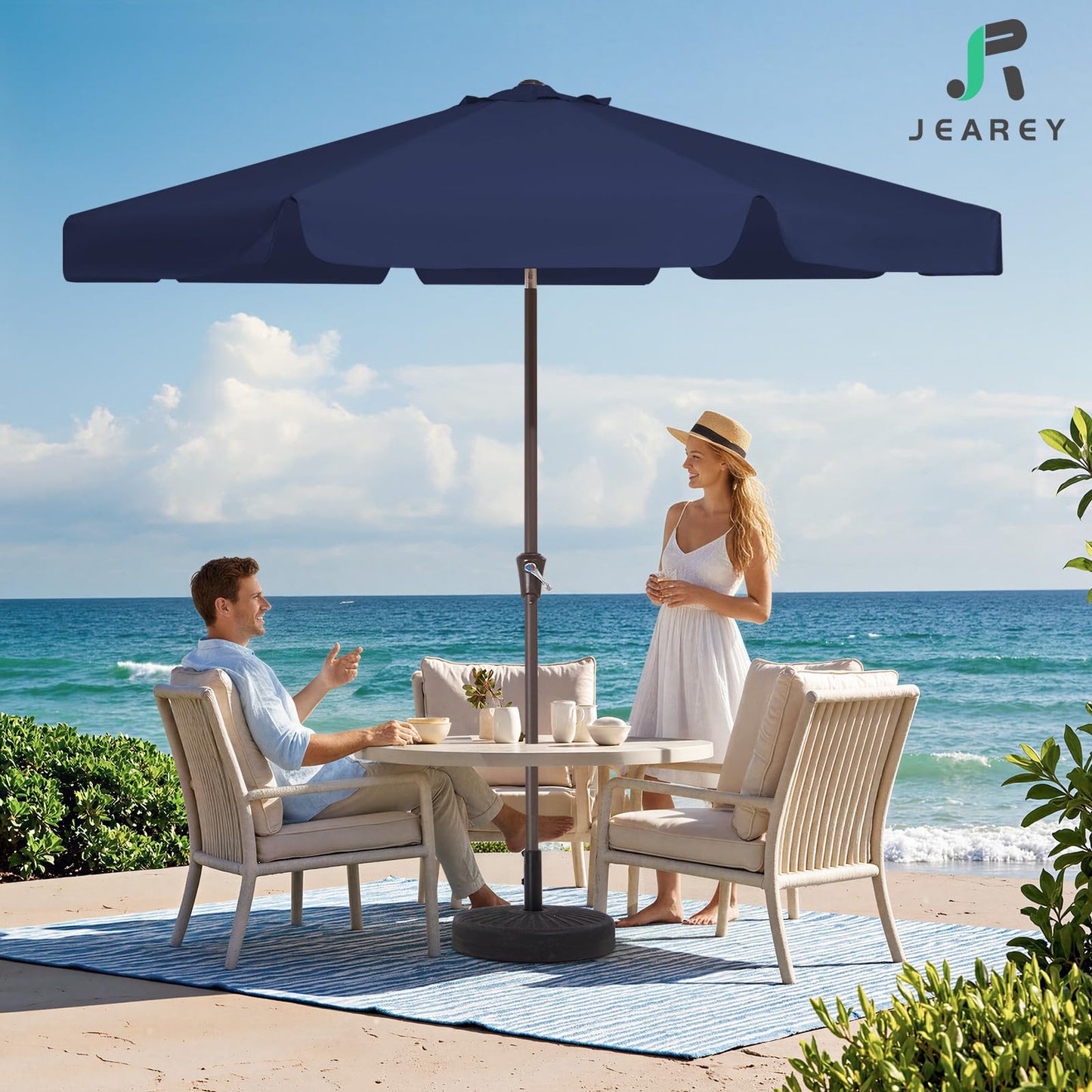 JEAREY 9 FT Patio Umbrella Outdoor, Table Umbrellas Market Umbrella w/Push Button Tilt/Crank, 8 Sturdy Ribs(Navy Blue)