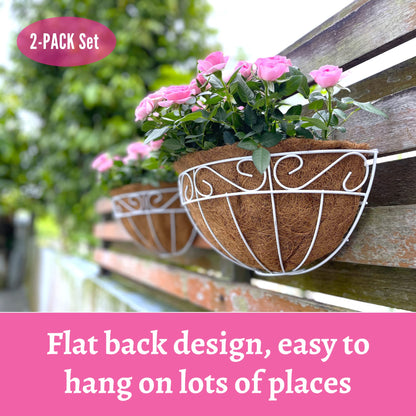 LaLaGreen Wall Mounted Flower Baskets (2 Pack, 14 Inch) Large Wall Hanging Planter with Coco Liner for Outdoor Plants, White Metal Fence Pots Holder Rail Railing Deck Porch Balcony Garden Patio Decor