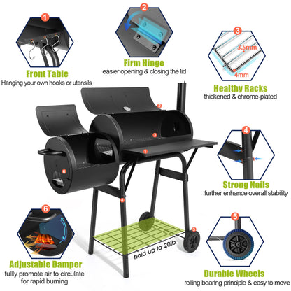 HaSteeL Outdoor Charcoal Grill with Cover, Large Barrel BBQ Grill with Offset Smoker, Great for Camping Patio Backyard Garden Party Picnic Beach, Large 420.SQ.IN Cooking Area, 2 Screwdrivers - Black