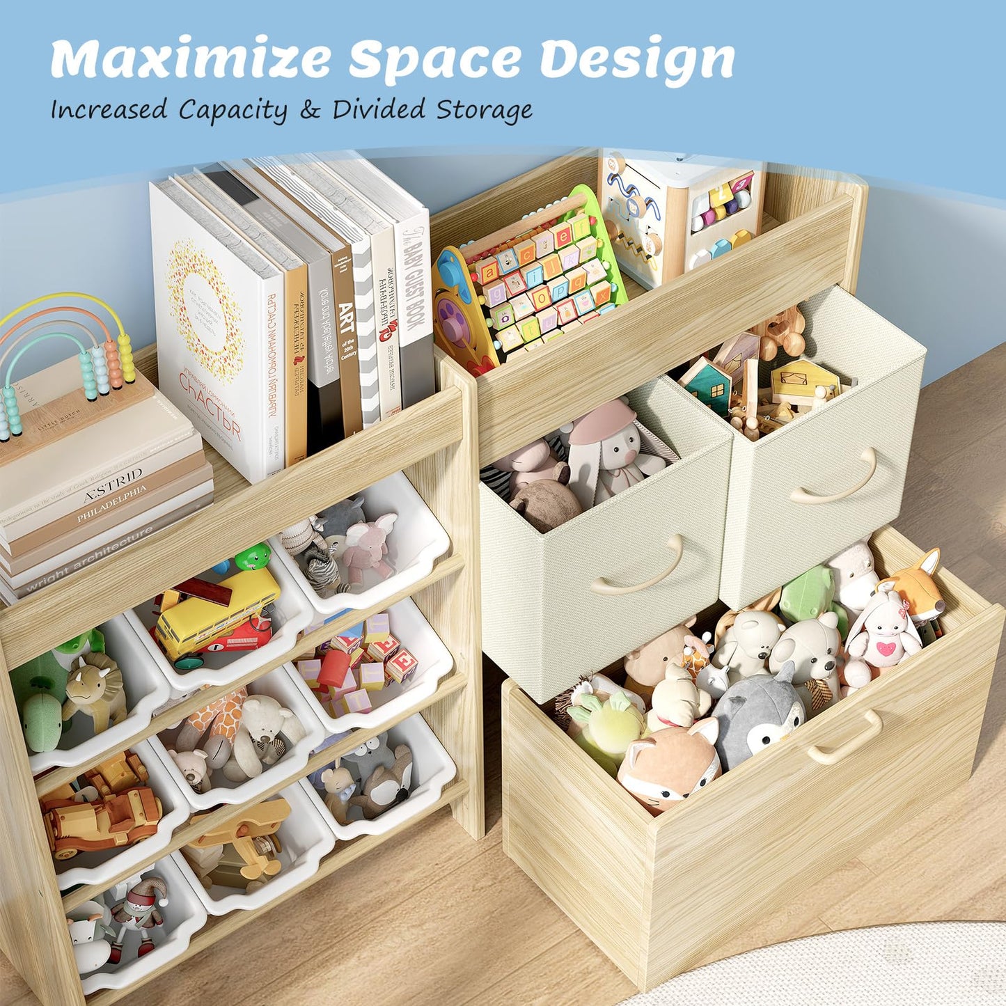 EXPERLAM Toy Storage Organizer for Kids, 9-Bin Toy Organizer with 2-Drawers, Movable Toy Chest and Top Rack, Multifunctional Kids Bookshelf and Toy Storage for Playroom, Bedroom, Nursery, White