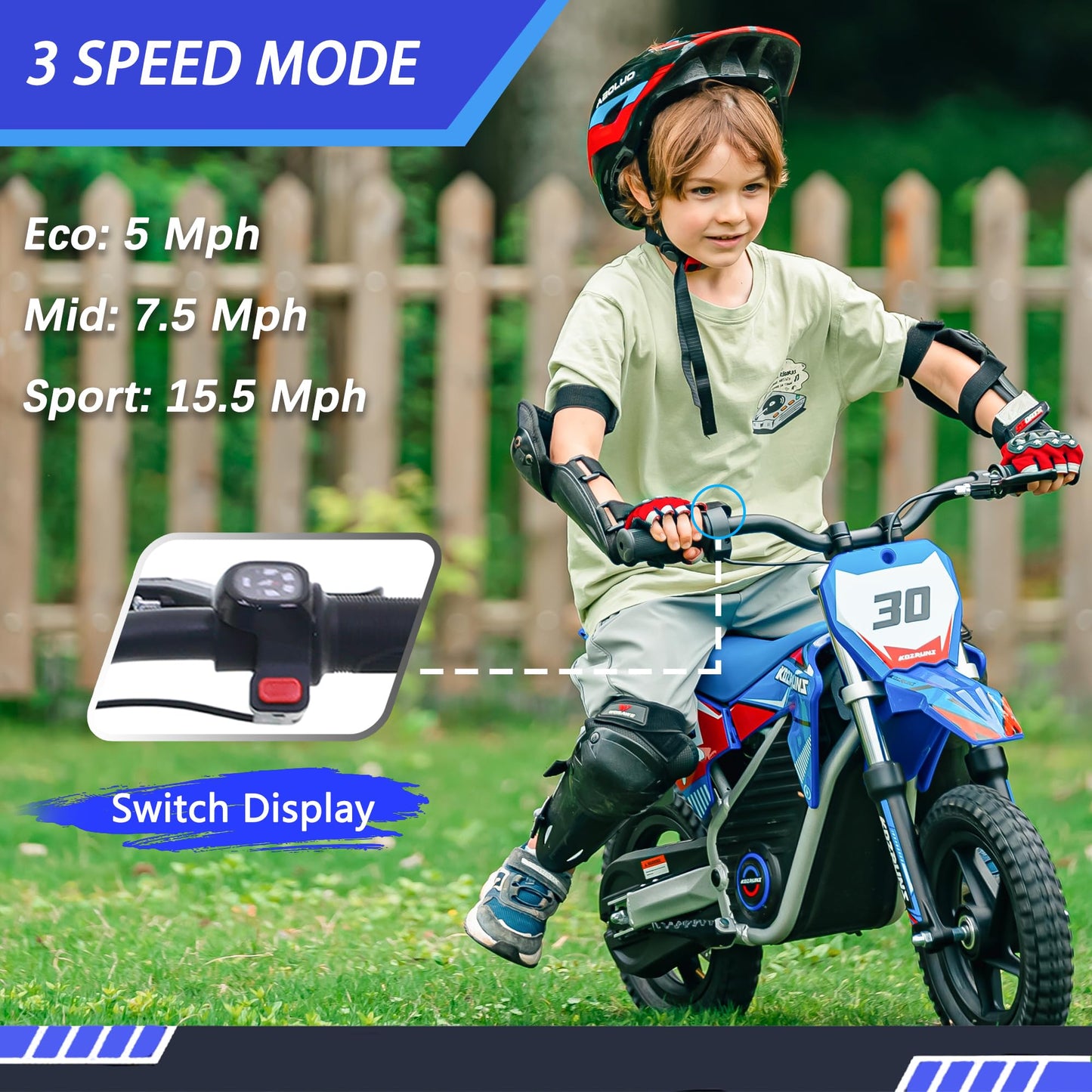 OLALA 36V Electric Dirt Bike for Kids 3-6, 250W Brushless Motor with 3-Speed Control, 15.5 MPH Max Speed, 12" Off-Road Tires Motorcycle, for Boys & Girls, Blue