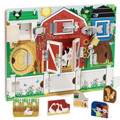 RRIBOUDWAN Wooden Latches Busy Board for 1-4 Year Old, Montessori Sensory Toys for Toddler, Farm Theme Educational Busy Book for Kids, Activity Board Gift for Kids