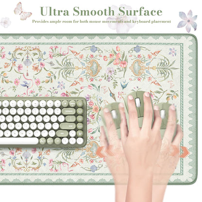 HAOCOO Floral Mouse Pad, 35.4" x 15.7" Waterproof Makeup Mat, Cute Aesthetic Desk Decor Pad, Women Office Keyboard Matt with Stitched Edges, Green Desk Accessories Work for Home