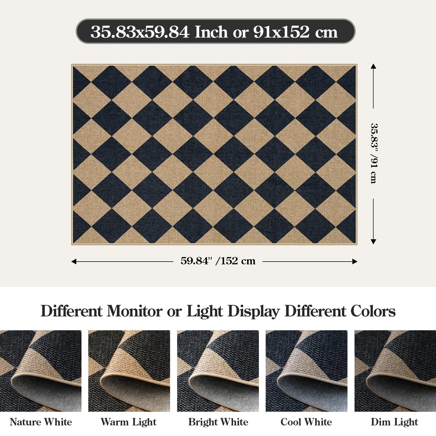 Lahome Colette Checkered Easy Jute 3x5 Outdoor Patio Rug, Washable Rugs for Entryway Diamond Indoor Outdoor Living Room Carpet, Farmhouse Neutral Non Slip Black Door Carpet for Backyard Bedroom