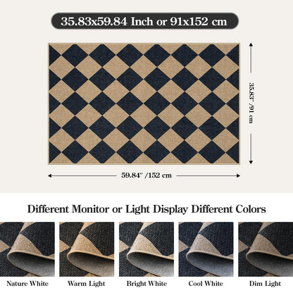 Lahome Colette Checkered Easy Jute 3x5 Outdoor Patio Rug, Washable Rugs for Entryway Diamond Indoor Outdoor Living Room Carpet, Farmhouse Neutral Non Slip Black Door Carpet for Backyard Bedroom