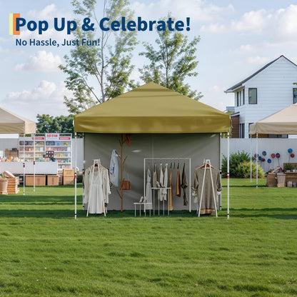 GarveeLife 10x10 Pop Up Canopy with One Sidewalls Easy Up Camping Tent with One Button Push Setup 1 Roller Bag 3 Adjustable Height 4 Weight Bags (Khaki)